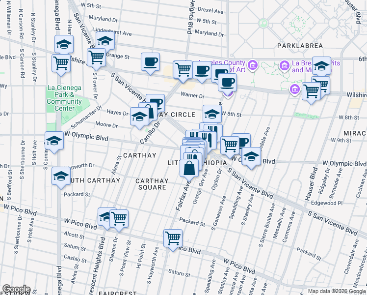 map of restaurants, bars, coffee shops, grocery stores, and more near 6138 South San Vicente Boulevard in Los Angeles