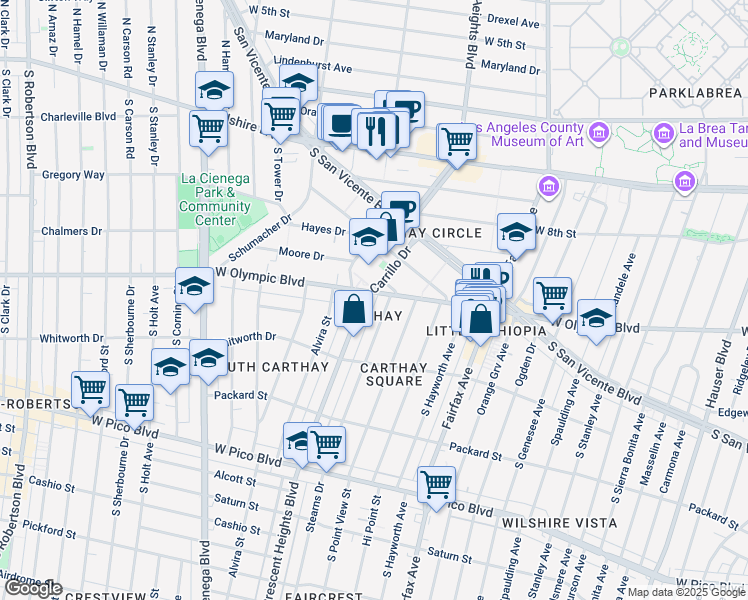 map of restaurants, bars, coffee shops, grocery stores, and more near 6404 West Olympic Boulevard in Los Angeles