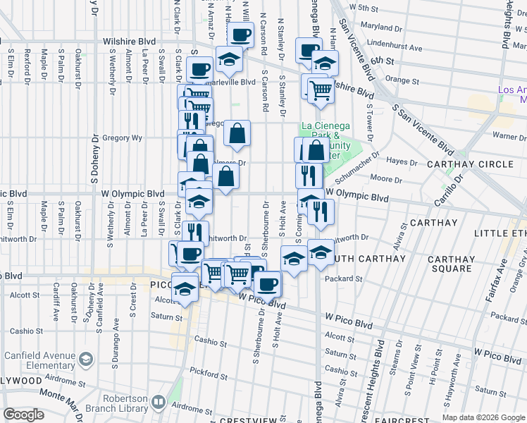 map of restaurants, bars, coffee shops, grocery stores, and more near in Los Angeles
