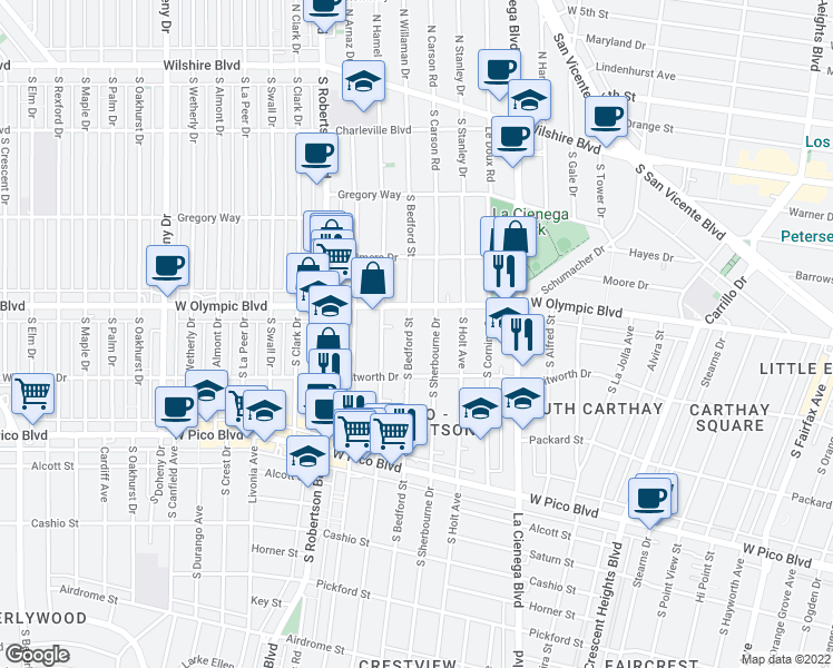 map of restaurants, bars, coffee shops, grocery stores, and more near in Los Angeles