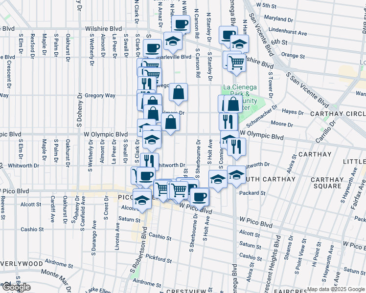 map of restaurants, bars, coffee shops, grocery stores, and more near in Los Angeles