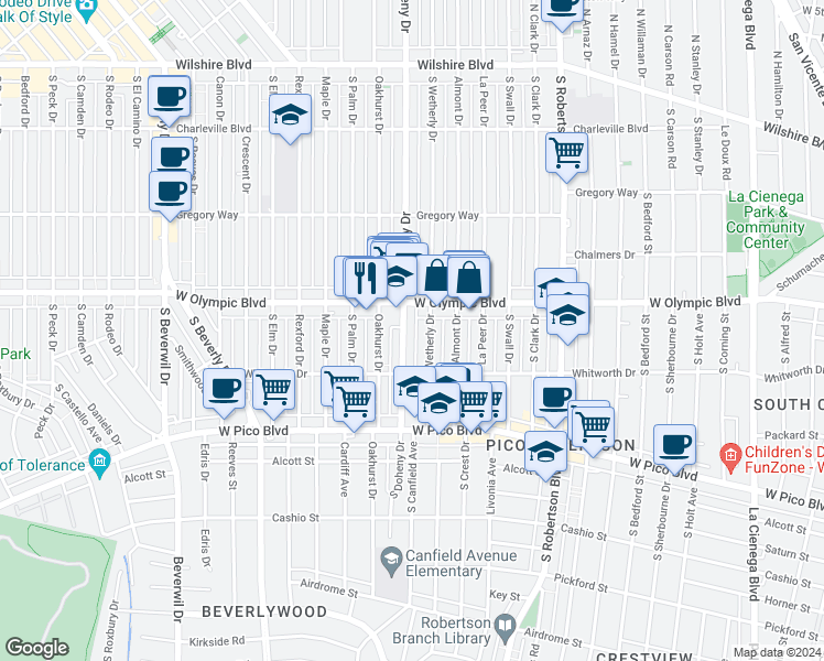 map of restaurants, bars, coffee shops, grocery stores, and more near 9030 West Olympic Boulevard in Beverly Hills