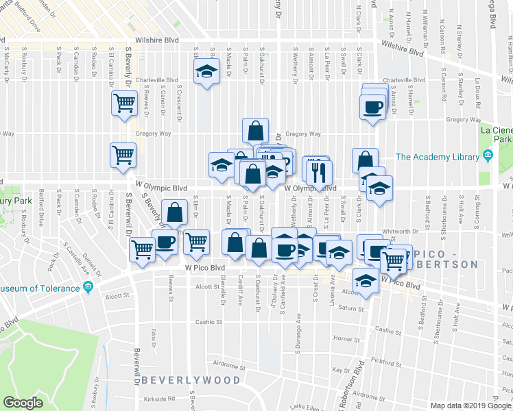 map of restaurants, bars, coffee shops, grocery stores, and more near in Beverly Hills