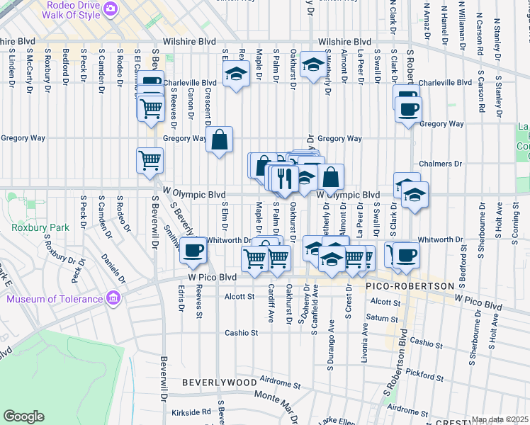map of restaurants, bars, coffee shops, grocery stores, and more near 9200 West Olympic Boulevard in Beverly Hills