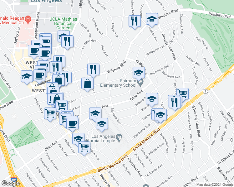 map of restaurants, bars, coffee shops, grocery stores, and more near 10655 Rochester Avenue in Los Angeles