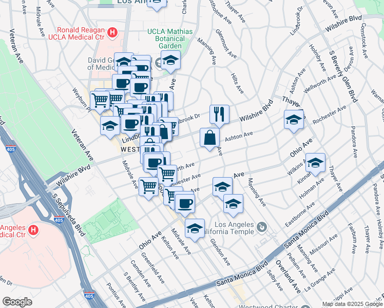 map of restaurants, bars, coffee shops, grocery stores, and more near 10811 Ashton Avenue in Los Angeles