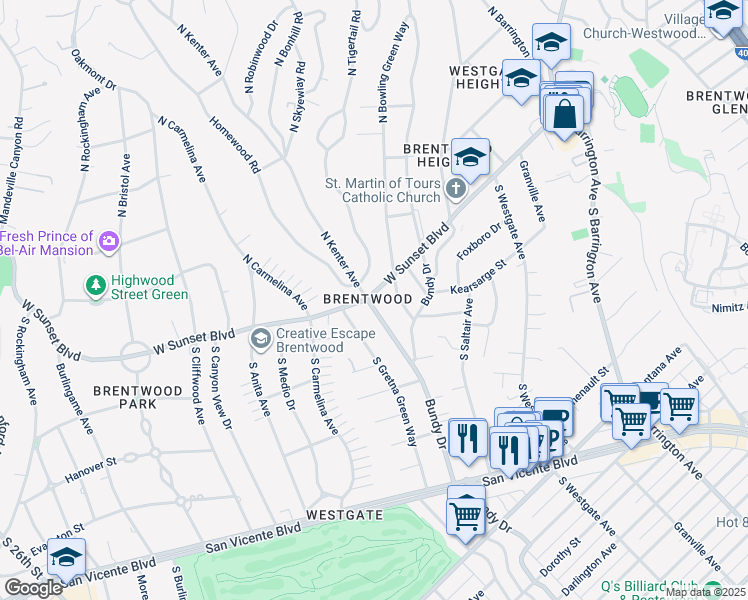 map of restaurants, bars, coffee shops, grocery stores, and more near 101 South Bowling Green Way in Los Angeles