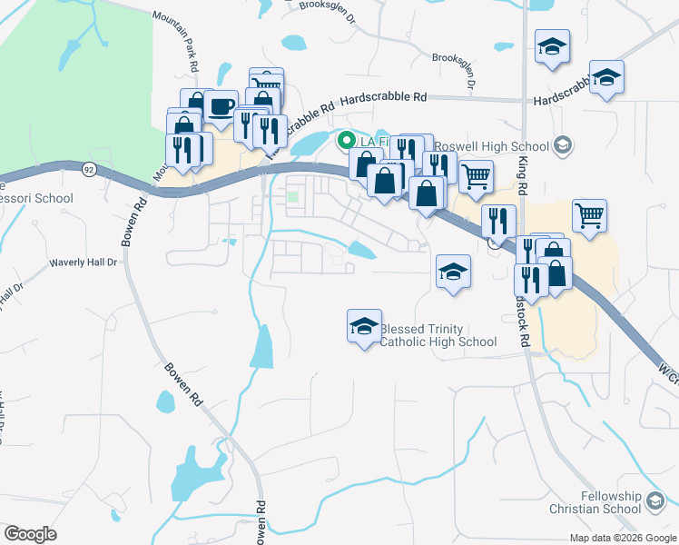 map of restaurants, bars, coffee shops, grocery stores, and more near 4008 Village Green Circle in Roswell