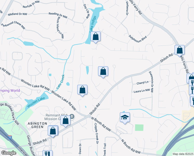 map of restaurants, bars, coffee shops, grocery stores, and more near 739 Dushea Court Northwest in Kennesaw