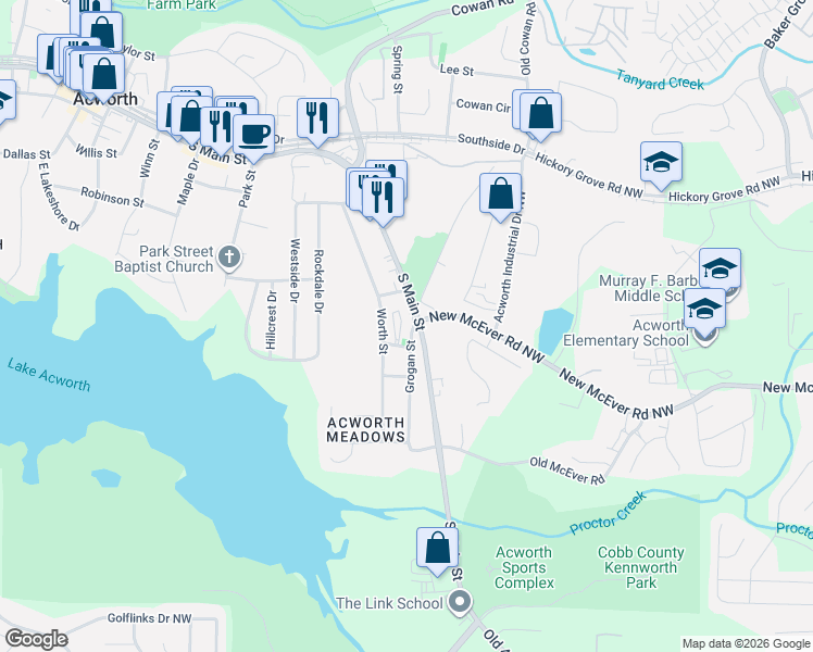 map of restaurants, bars, coffee shops, grocery stores, and more near 4288 South Main Street in Acworth