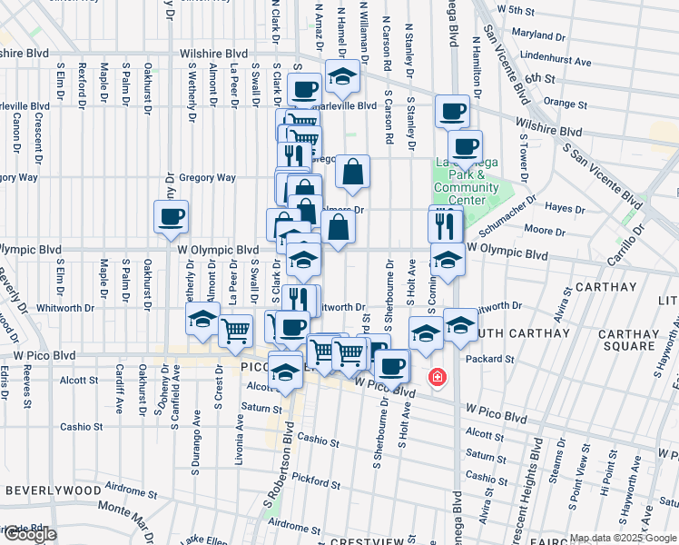 map of restaurants, bars, coffee shops, grocery stores, and more near 1025 South Shenandoah Street in Los Angeles