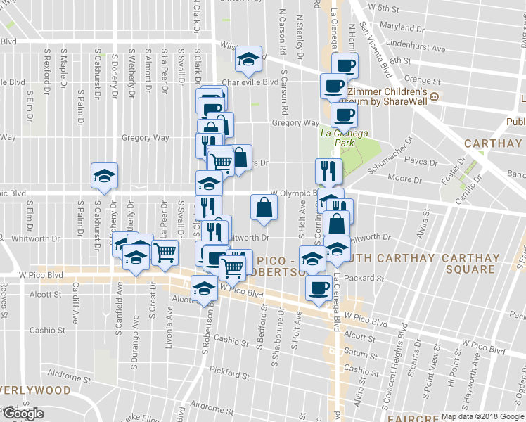 map of restaurants, bars, coffee shops, grocery stores, and more near 1027 South Bedford Street in Los Angeles