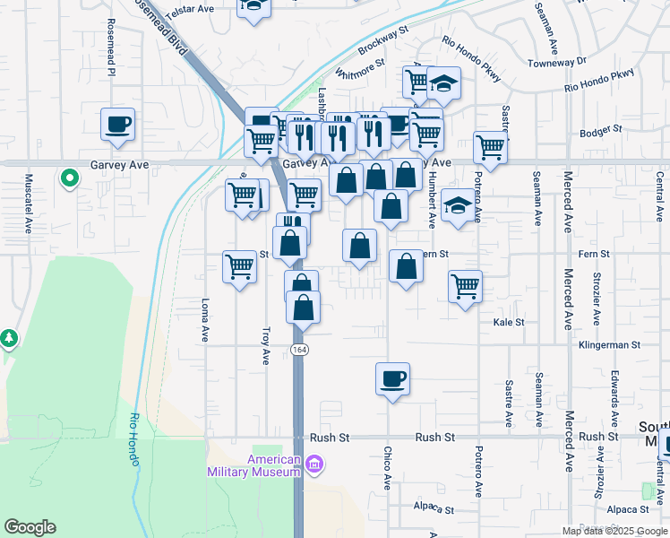 map of restaurants, bars, coffee shops, grocery stores, and more near 9419 Paramount Street in South El Monte