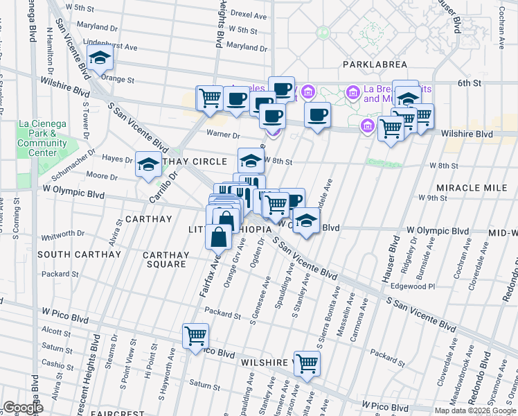 map of restaurants, bars, coffee shops, grocery stores, and more near 920 South Orange Grove Avenue in Los Angeles