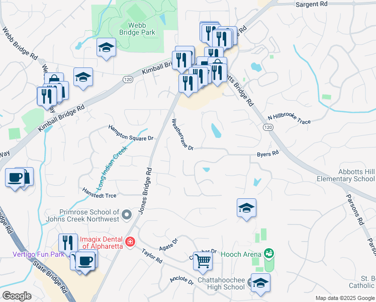 map of restaurants, bars, coffee shops, grocery stores, and more near 4981 Weathervane Drive in Alpharetta