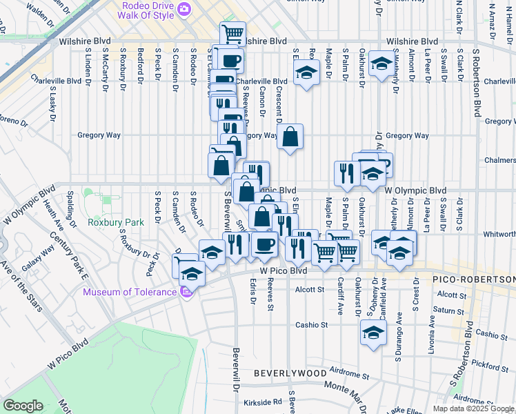 map of restaurants, bars, coffee shops, grocery stores, and more near in Beverly Hills