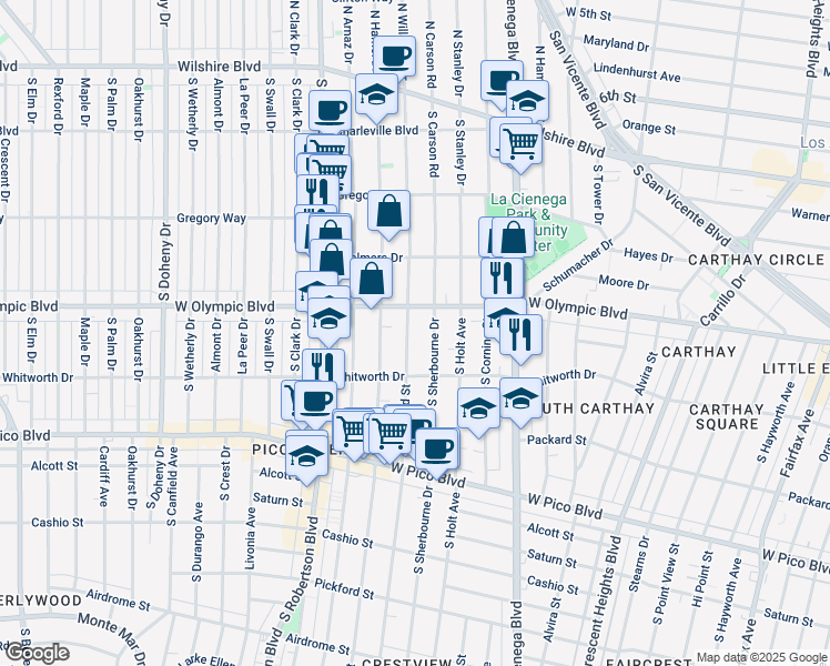 map of restaurants, bars, coffee shops, grocery stores, and more near 1028 South Bedford Street in Los Angeles