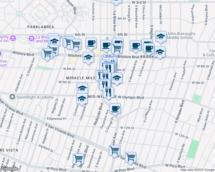 map of restaurants, bars, coffee shops, grocery stores, and more near 834 South La Brea Avenue in Los Angeles