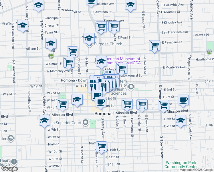 map of restaurants, bars, coffee shops, grocery stores, and more near 178 East 1st Street in Pomona