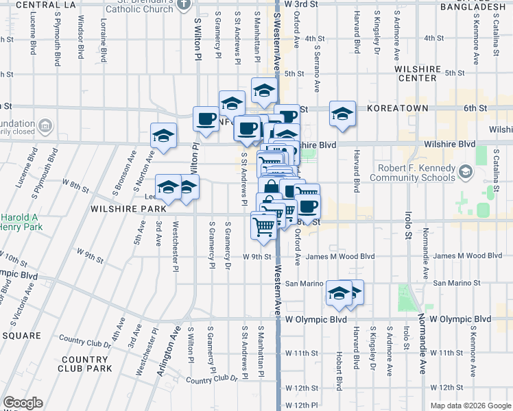 map of restaurants, bars, coffee shops, grocery stores, and more near 733 South Manhattan Place in Los Angeles