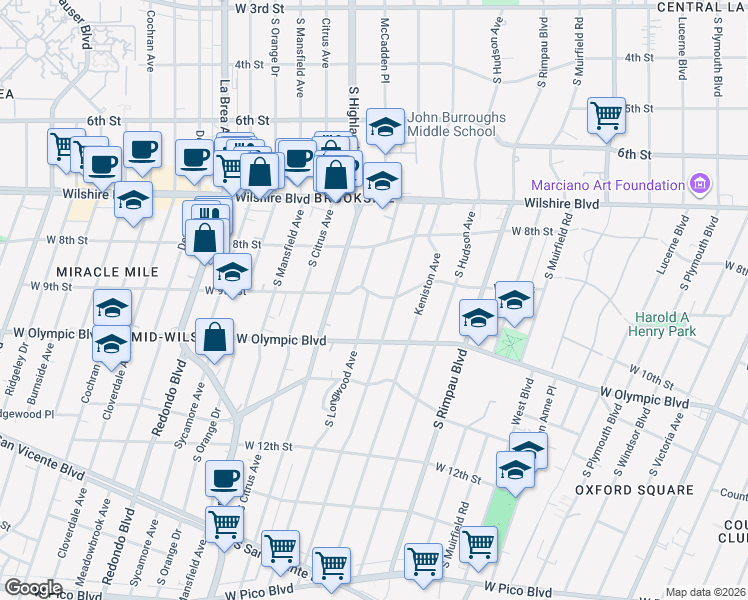 map of restaurants, bars, coffee shops, grocery stores, and more near 900 South Longwood Avenue in Los Angeles