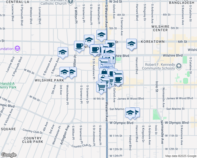 map of restaurants, bars, coffee shops, grocery stores, and more near 733 South Manhattan Place in Los Angeles
