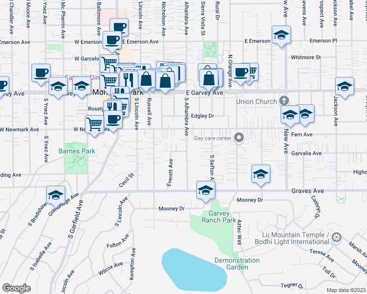 map of restaurants, bars, coffee shops, grocery stores, and more near 319 South Alhambra Avenue in Monterey Park