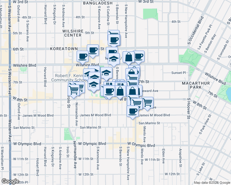 map of restaurants, bars, coffee shops, grocery stores, and more near 725 South Berendo Street in Los Angeles