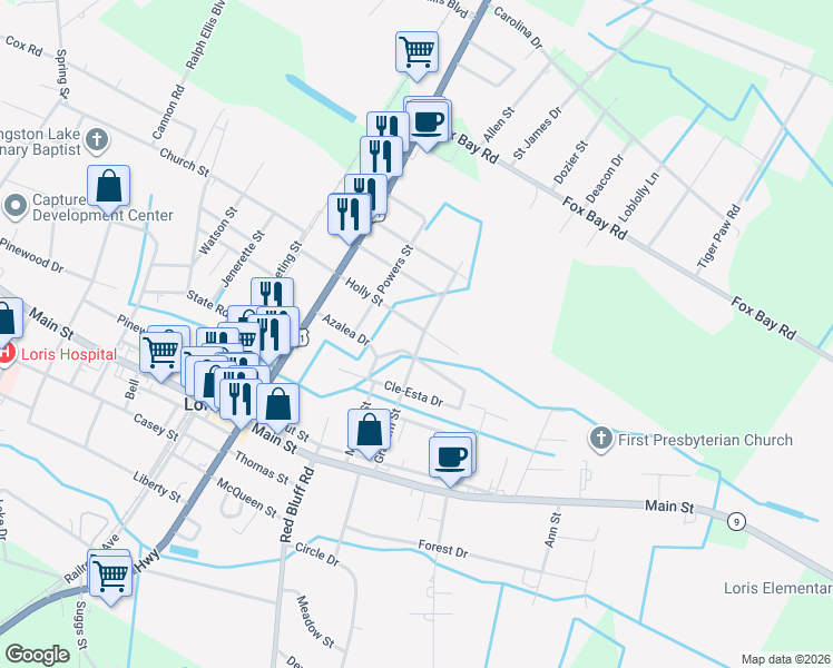 map of restaurants, bars, coffee shops, grocery stores, and more near 4667 Holly Street in Loris