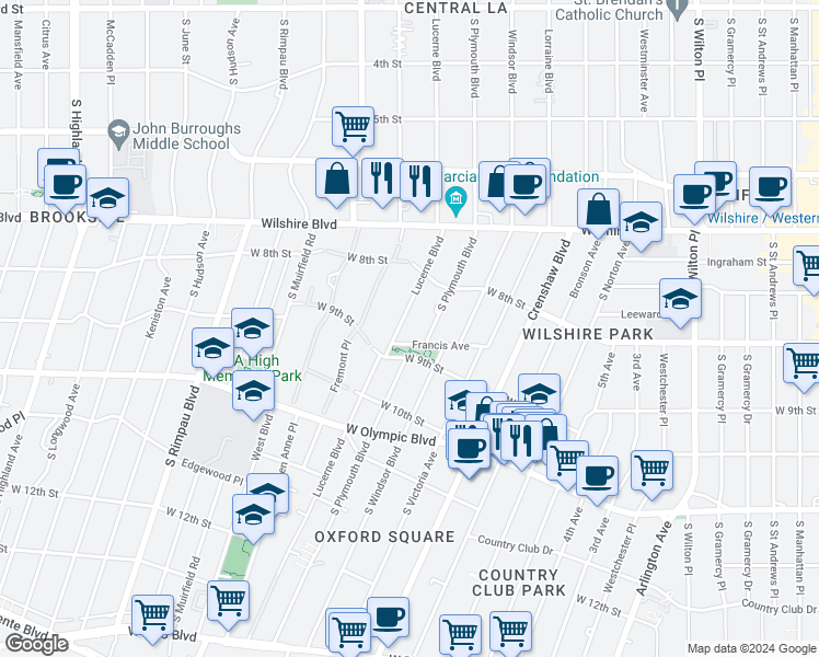 map of restaurants, bars, coffee shops, grocery stores, and more near 860 South Lucerne Boulevard in Los Angeles