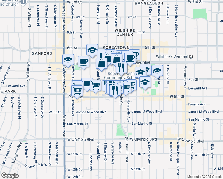 map of restaurants, bars, coffee shops, grocery stores, and more near 737 South Ardmore Avenue in Los Angeles