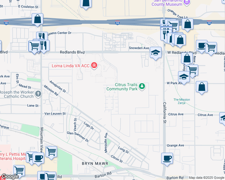 map of restaurants, bars, coffee shops, grocery stores, and more near in Loma Linda