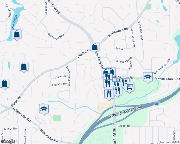 map of restaurants, bars, coffee shops, grocery stores, and more near 4258 Pentworth Lane Northwest in Kennesaw