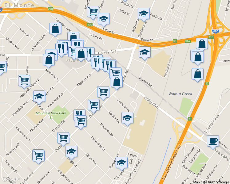 map of restaurants, bars, coffee shops, grocery stores, and more near 3023 Durfee Avenue in El Monte