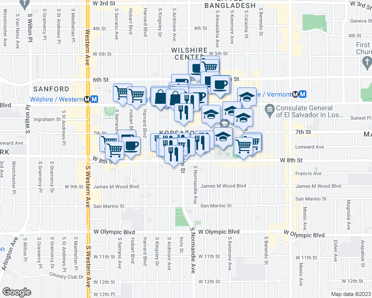 map of restaurants, bars, coffee shops, grocery stores, and more near 742 Irolo Street in Los Angeles