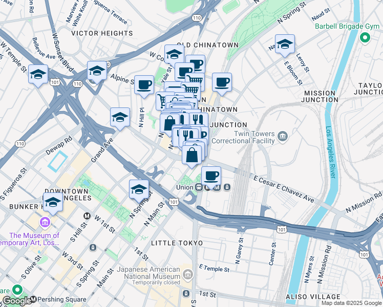 map of restaurants, bars, coffee shops, grocery stores, and more near 649 North Spring Street in Los Angeles