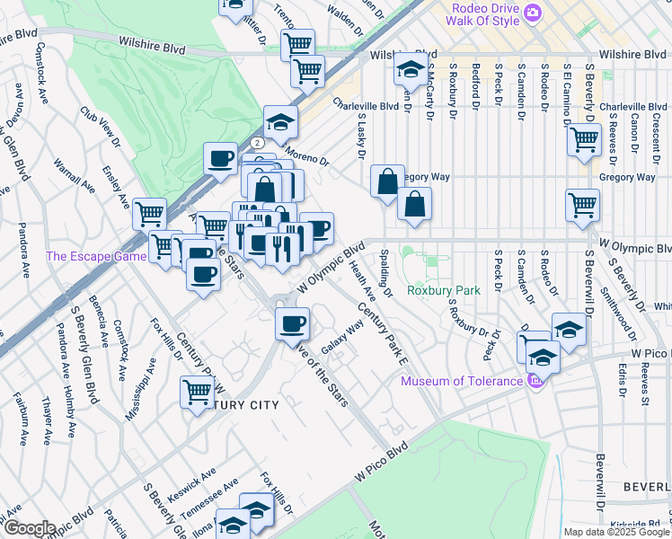 map of restaurants, bars, coffee shops, grocery stores, and more near 2160 Century Park East in Los Angeles