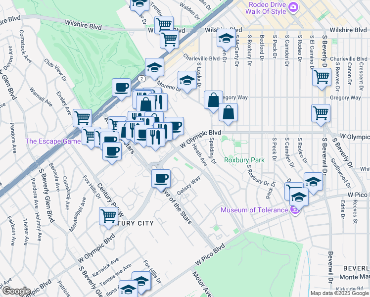 map of restaurants, bars, coffee shops, grocery stores, and more near 2070 Century Park East in Los Angeles