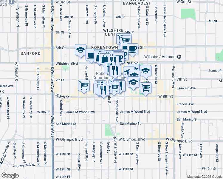 map of restaurants, bars, coffee shops, grocery stores, and more near 742 Irolo Street in Los Angeles