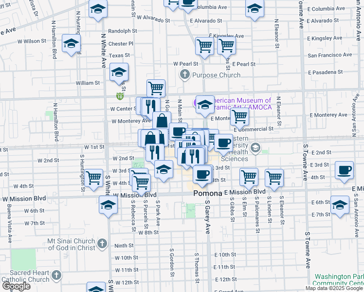 map of restaurants, bars, coffee shops, grocery stores, and more near 960 West 1st Street in Pomona