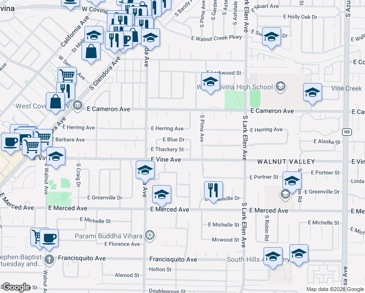 map of restaurants, bars, coffee shops, grocery stores, and more near 1116 East Blue Drive in West Covina