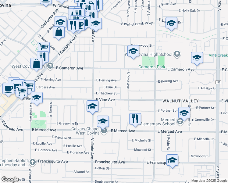 map of restaurants, bars, coffee shops, grocery stores, and more near 1117 East Thackery Street in West Covina