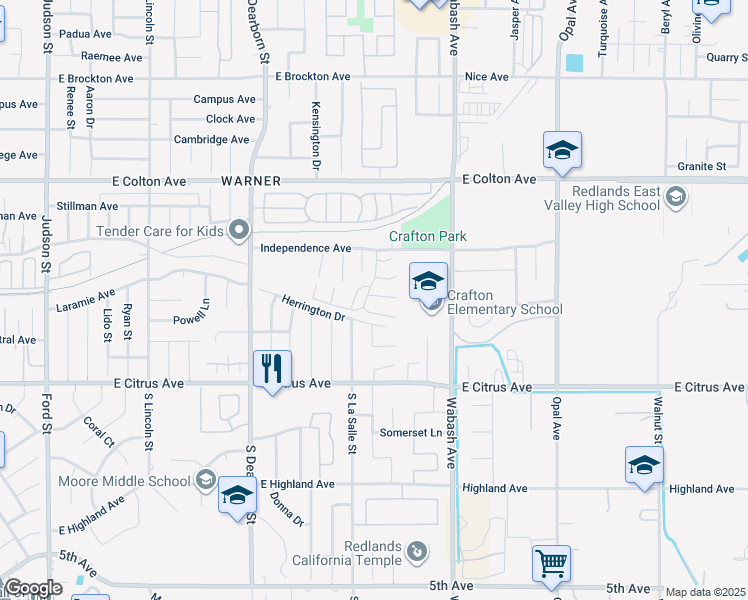 map of restaurants, bars, coffee shops, grocery stores, and more near 1730 Stratford Circle in Redlands