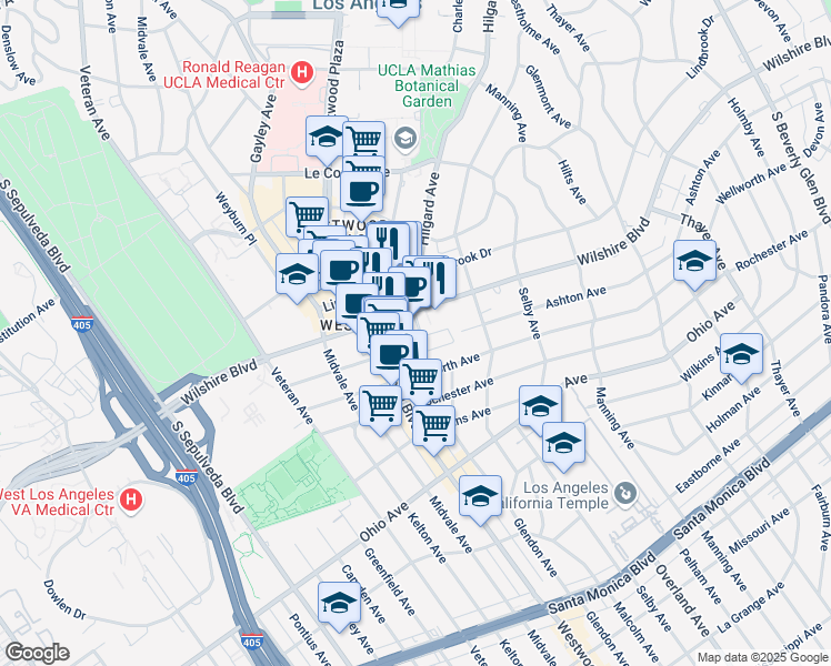 map of restaurants, bars, coffee shops, grocery stores, and more near 10866 Wilshire Boulevard in Los Angeles