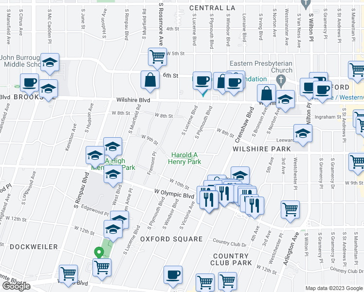 map of restaurants, bars, coffee shops, grocery stores, and more near 860 South Lucerne Boulevard in Los Angeles