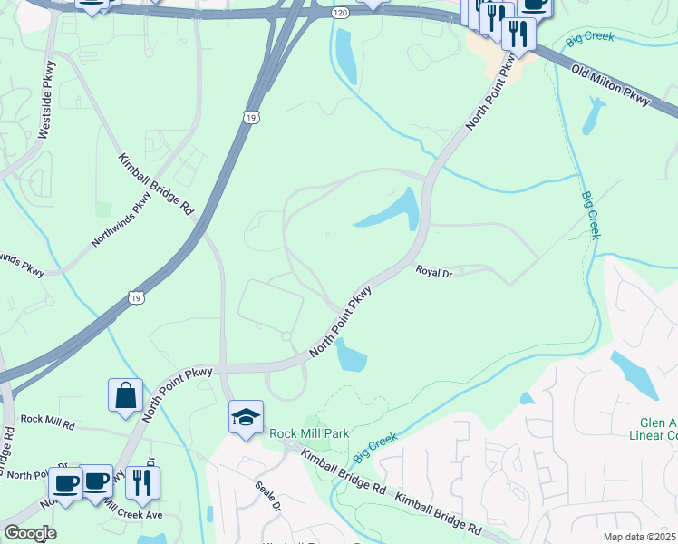 map of restaurants, bars, coffee shops, grocery stores, and more near 11475 Great Oaks Way in Alpharetta