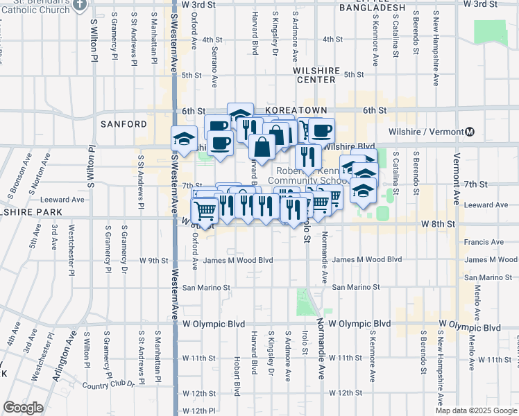 map of restaurants, bars, coffee shops, grocery stores, and more near 737 South Kingsley Drive in Los Angeles