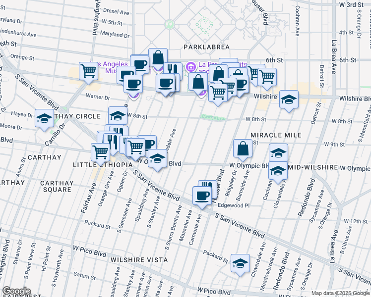 map of restaurants, bars, coffee shops, grocery stores, and more near 863 South Stanley Avenue in Los Angeles