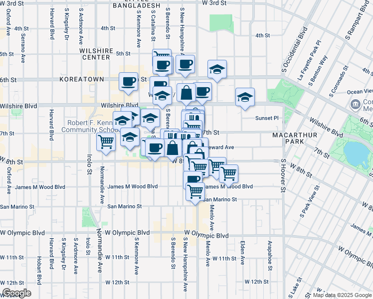 map of restaurants, bars, coffee shops, grocery stores, and more near 738 South New Hampshire Avenue in Los Angeles
