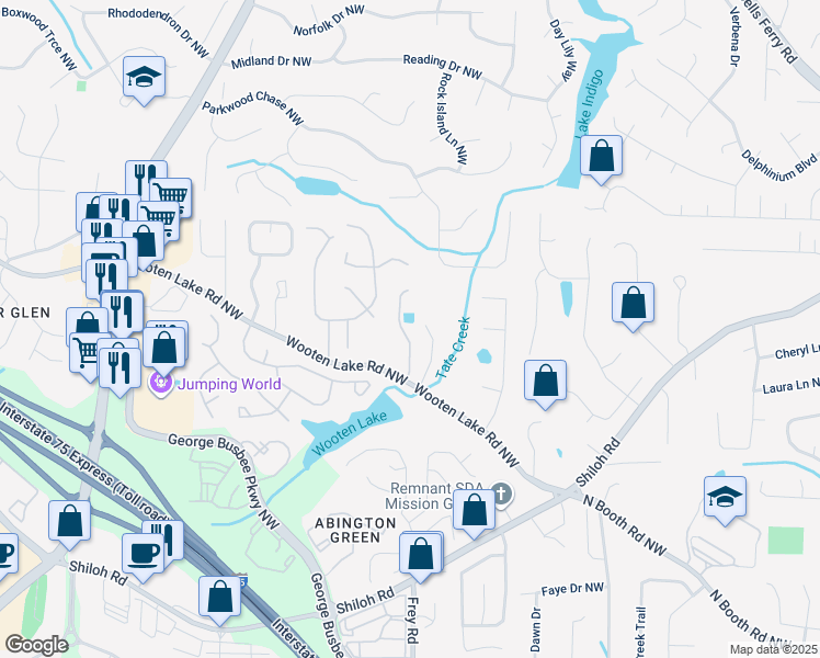 map of restaurants, bars, coffee shops, grocery stores, and more near 4266 Joshua Way Northwest in Kennesaw